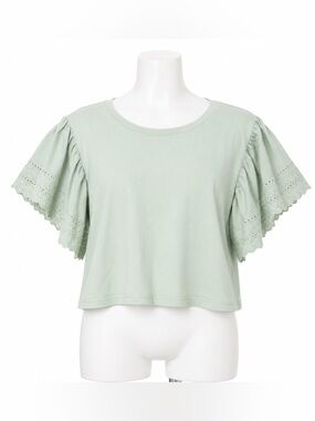 ZARA Eyelet Ruffle Sleeve Top Mint Green Medium Cotton Blend